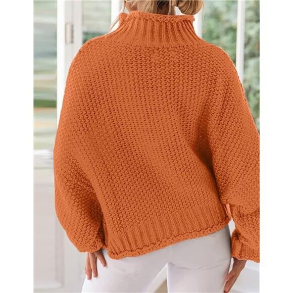 Women's Sweaters Oversized Batwing Sleeve Knitted Turtleneck Sweater, Brick Red - Picture 2 of 5
